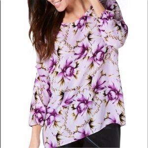 JM Collection Printed Statement-Sleeve Blouse Size 2X Purple Floral Pattern